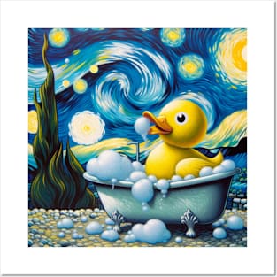 Starry Night Duck: Whimsical Bubble Bath Day Tee in Van Gogh Style Posters and Art